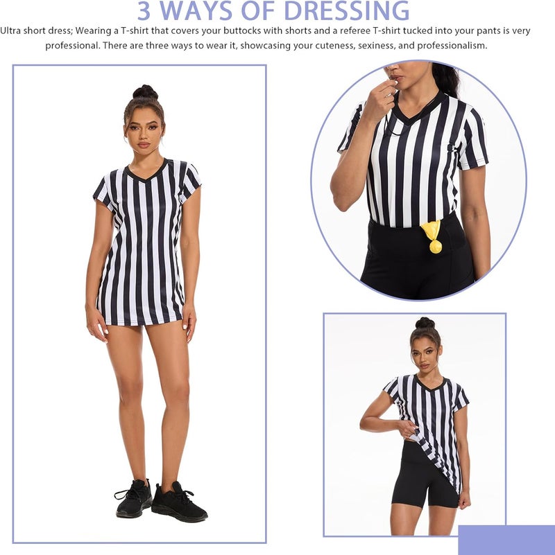 VKT Referee Shirt Womens Dress V-Neck Umpire Cap Sleeves Jersey Costume Ref Outfit for Basketball Football Halloween - Image 2